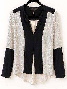 NWOT-BCBGMaxAzria Black and Cream Textured Panel Open Front Top